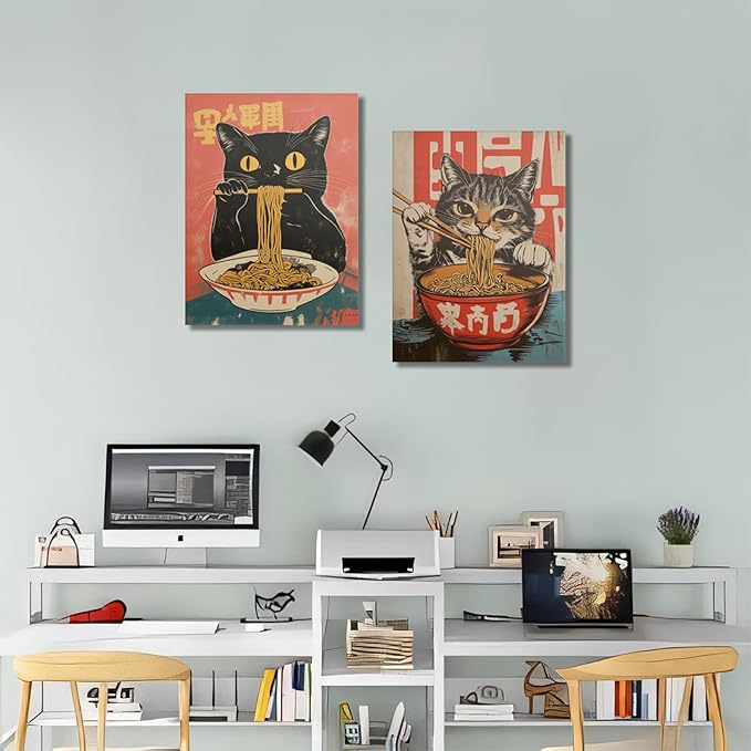 Framed Funny Black Cat Canvas Wall Art Set of 2, Vintage Japanese Cat Eating Ramen Poster, Unique Gifts and Animal Lover Printing Picture for Living Room Kitchen Dining Room Wall Decor 12x16in