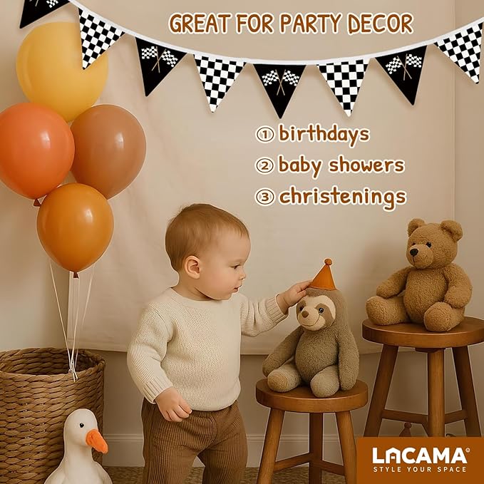 Lacama Car Room Decor,Boys Room Wall Art Decor for Toddler Nursery Playroom, Black and White Checkered Garland Triangle Banners,Racing Flags Bunting Flags Fabric for Baby Shower Birthday Party，Kidroom