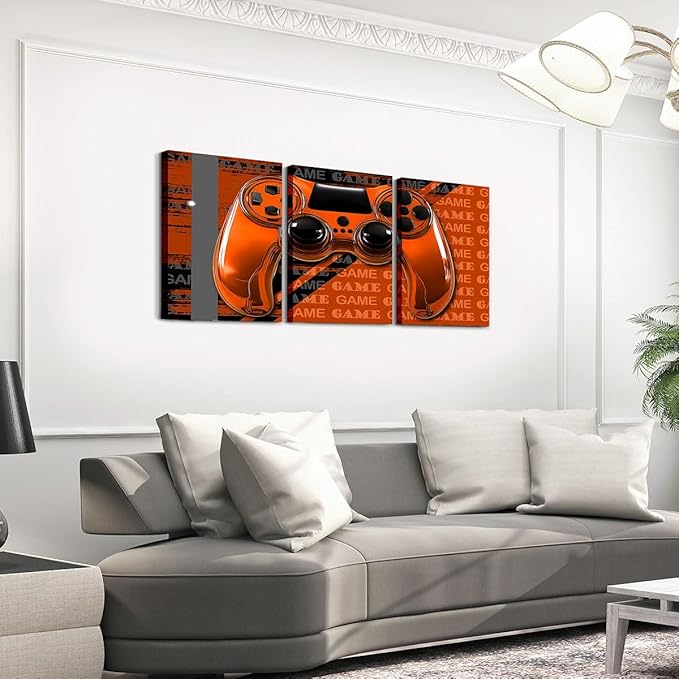 Feelyou Gamer Canvas Wall Art 12" x 16" 3 Piece Game Controller Office Wall Artwork Posters for Teens Adults Gaming Gifts Bathroom Wall Art for Home Gamepad Orange and Black Wall Painting