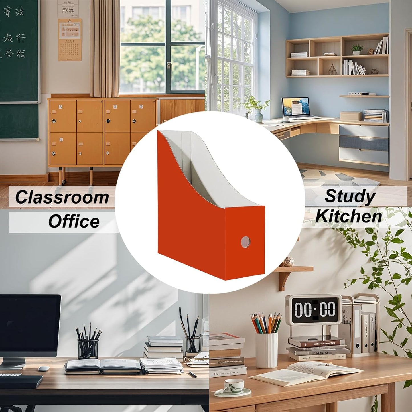 Cardboard Magazine Holder (24 Pack), Sturdy Book Bins for Classroom, Vertical File Folder Organizer, 10.6'' 10.2'' 3.5'' Inch Magazine Rack (Orange-Red, 24 Pack)