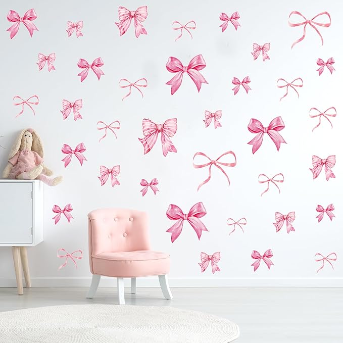 Whaline 12 Sheets Trendy Pink Bow Wall Stickers Light Pink Bow Knot Wall Decals Watercolor Room Mural Stickers for Girls Party Valentine's Day Home Bedroom Nursery, 7.9 x 11.8 Inch