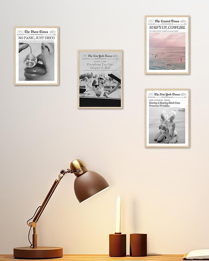 iHery Small Framed Trendy Coastal Cowgirl NewsPaper Wall Art Prints,Beige OAK Wood 8x10in Canvas Wall Decor For Bedroom,Western Vintage Bar Cart,Dorm Retro Surfing Up Home Décor 1Pack