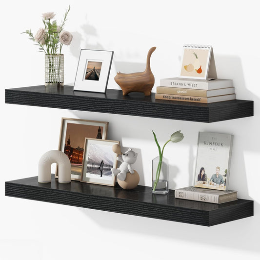 36 Inches Floating Shelves for Wall, 9.3" Deep Long Floating Shelves Set of 2, Large Display & Storage Shelf, Wall Shelf for Bathroom Bedroom Living Room Kitchen Office, Black