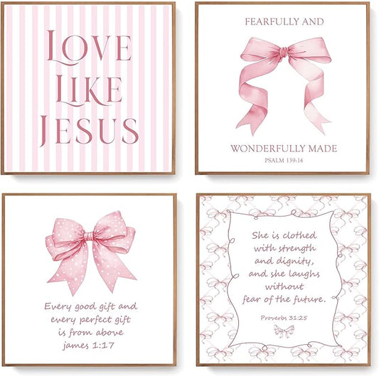 LARTSFRO Coquette Pink Bow Jesus Wall Art Decor Posters, Light Pink Bow Christian Room Bedroom Bathroom Dorm Wall Art Decor Aesthetic for Teen Girls College Gifts, Inspirational Bible Verses Bow Wall Decor, 10x10 Inch Set of 4 Bow Pictures (UNFRAMED)