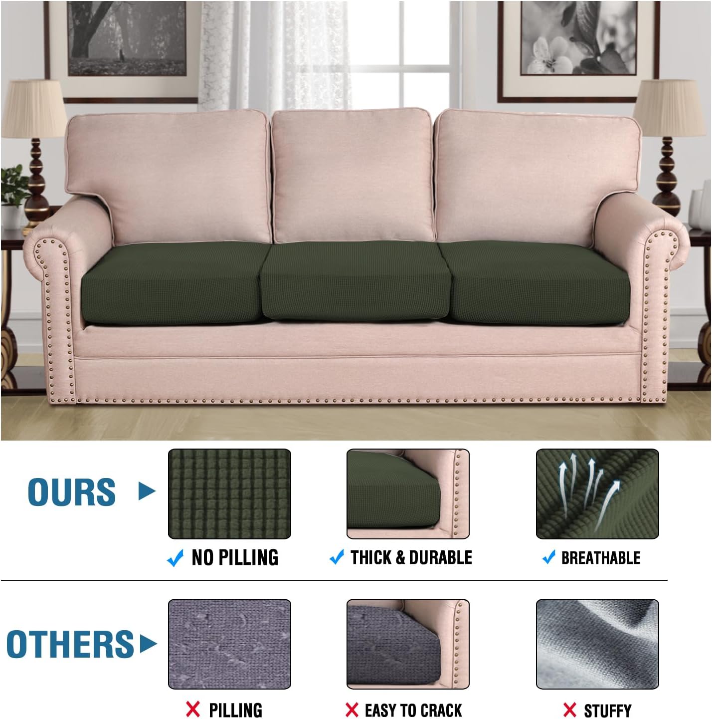 H.VERSAILTEX Super Stretch Individual Seat Cushion Covers Sofa Covers Couch Covers Slipcover Sets Thick Jacquard Textured Twill Fabric (3 Piece XL Sofa Cushion Covers, Olive)
