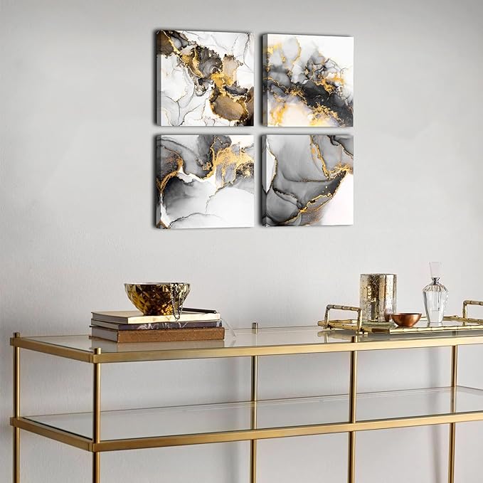 Black and Gold Wall Art Abstract Marble Artwork for Walls Ink Texture Canvas Prints Painting Living Room Bathroom Decor Contemporary Fluid Lines Pictures Bedroom Office Home Decorations 12x12” 4P