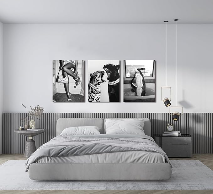 Bathroom Fashion Leopard Print Black and White Canvas Wall Art Trendy Women Posters Paintings Luxury Feminist Pictures Wall Decor for Bedroom Living Room Hallway Home Decoration 16x24 In Framed
