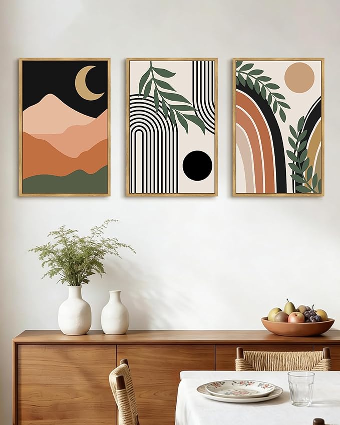 Drsoum Boho Wall Art Framed Bohemian Plant Wall Decor Abstract Geometry Artwork Hallway Living Room Prints Ready to Hang 16x24in Natural Framed