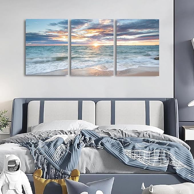 Yxbhhym Bathroom Decor Beach Sunset Wall Art Ocean Print Art Coastal Canvas Wall Decor 3 Panels Framed Picture Landscape Painting for Modern Living Room Bedroom Office Artwork Home Decorations