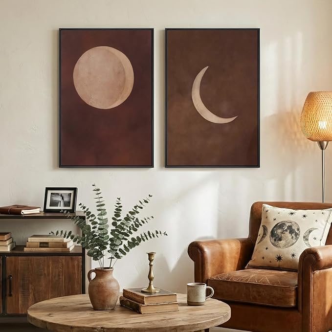 Framed Moon Phase Boho Wall Art Set of 2, Neutral Brown Lunar Celestial Canvas Artwork for Walls, Minimalist Bohemian Abstract Painting Prints for Living Room Bedroom Hallway Wall Decor, 16x24 Inch