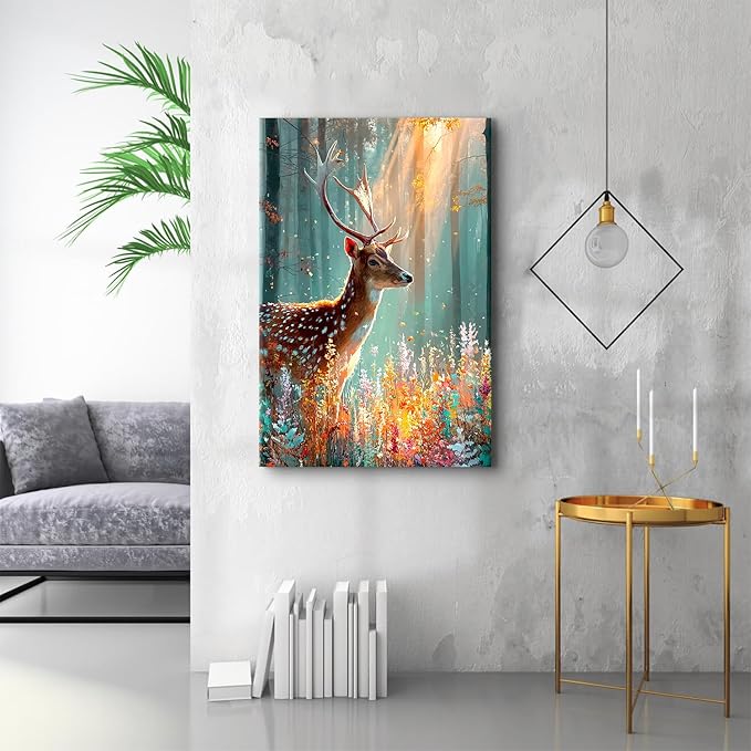Fall Forest Wall Art Deer Wall Decor Rustic Wildlife Animal Painting Nature Autumn Landscape Canvas Prints Colorful Flowers Picture Farmhouse Elk Artwork for Kitchen Living Room Home Decoration 32x48"
