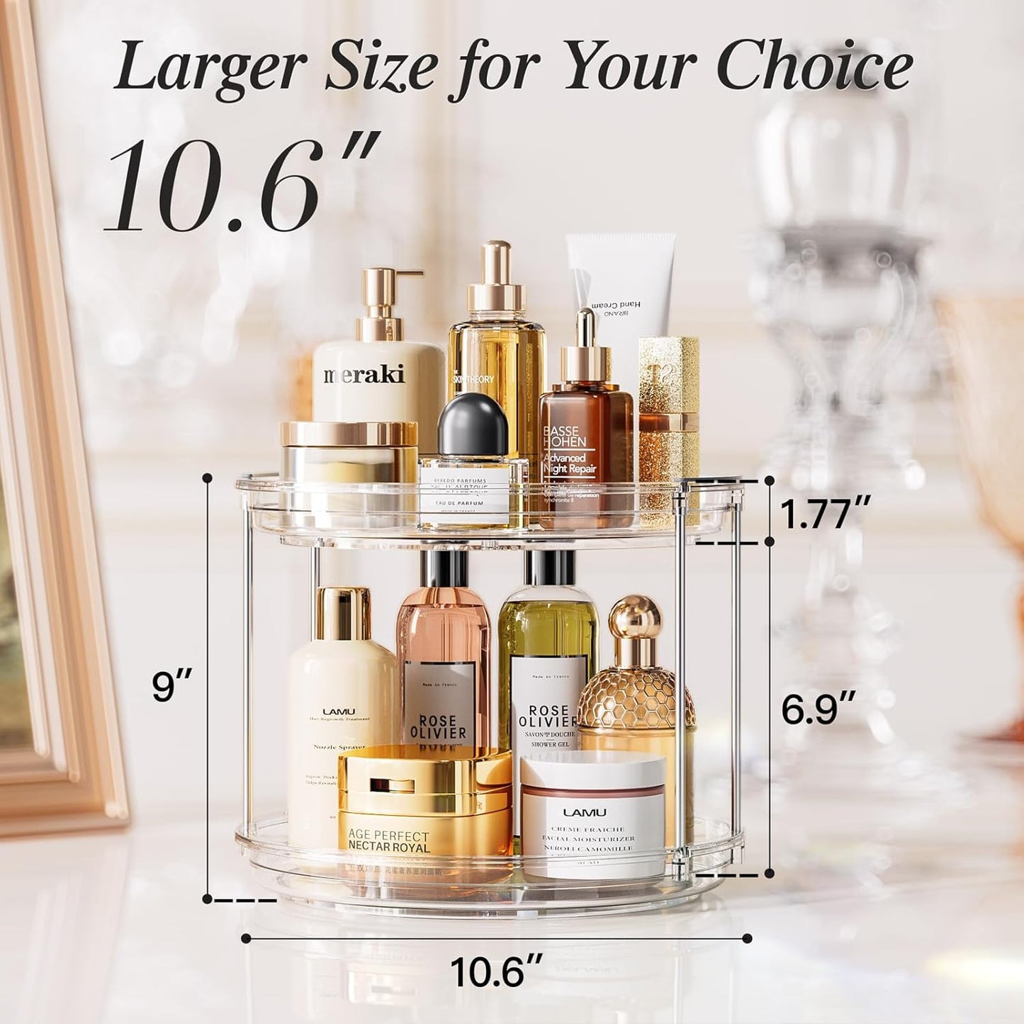 LAMU 2 Pack 10.6'' 2-Tier Lazy Susan Turntable Organizer Rotating Spice Rack Organization for Cabinet, Kitchen, Pantry, Countertop, Bathroom, Vanity, Makeup Organizer, Clear