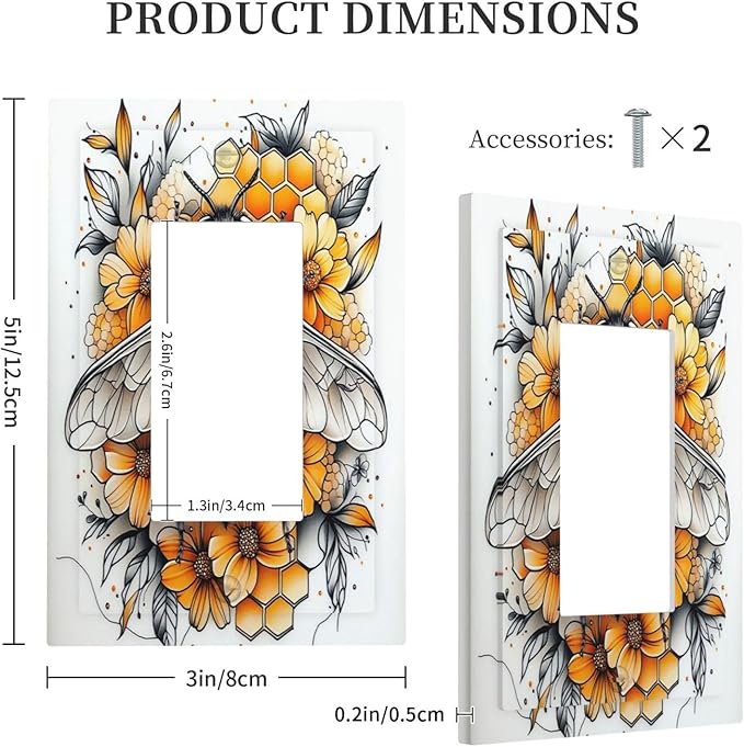 Decorative Outlet Covers Bee Honeycomb Flowers Plant Leaves 1 Gang Single Rocker Light Switch Cover Plate Wall Plates Gfci Faceplate For Nursery Kids Room Decor