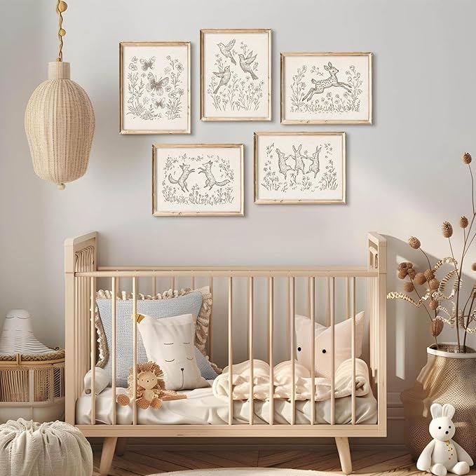 Nursery Woodland Animal Wall Art Baby Boy Canvas Wall Decor Vintage Forest Animal Art Prints Kids Room Poster Cottagecore Deer Fox Pictures Painting Neutral Artwork for Bedroom 12x16x5 Inch Unframed