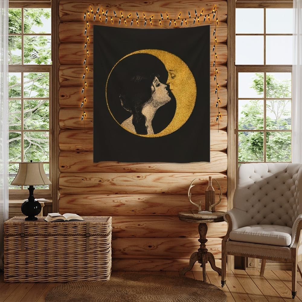 Dark Academia Woman Kissing Moon Art Tapestry Gothic Aesthetic Wall Hanging Witchy Picture Print Moon Goddess Tapestries Wall Decor for Living Room Bedroom Dorm 30x40inch