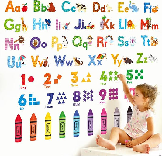 DECOWALL DS-8044 Animal Alphabet Numbers Colour Decals Stickers Kids Peel and Stick Removable for Room décor Letters ABC Classroom playroom Decorations Educational Bedroom Nursery