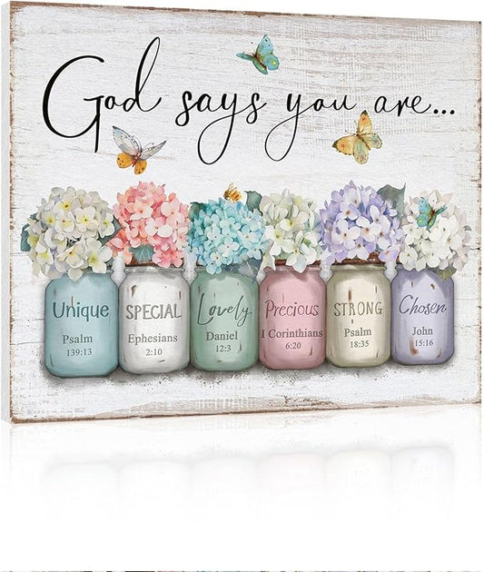Inspirational Bible Verse Wall Art: God Says You Are Wall Sayings Flowers in Mason Jar Picture Print Christian Gift Quotes Poster for Women Girl Bedroom Decor 12" x 15"