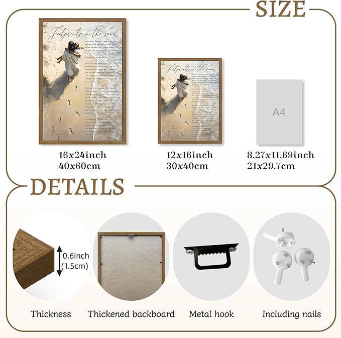 Clicyre Footprints in the Sand Christian Wall Art, Jesus Holding Child Canvas Print, Inspirational Bible Verse Poem Scripture Beach Artwork for Bedroom Prayer Room Church Wood Framed 12x16 Inch