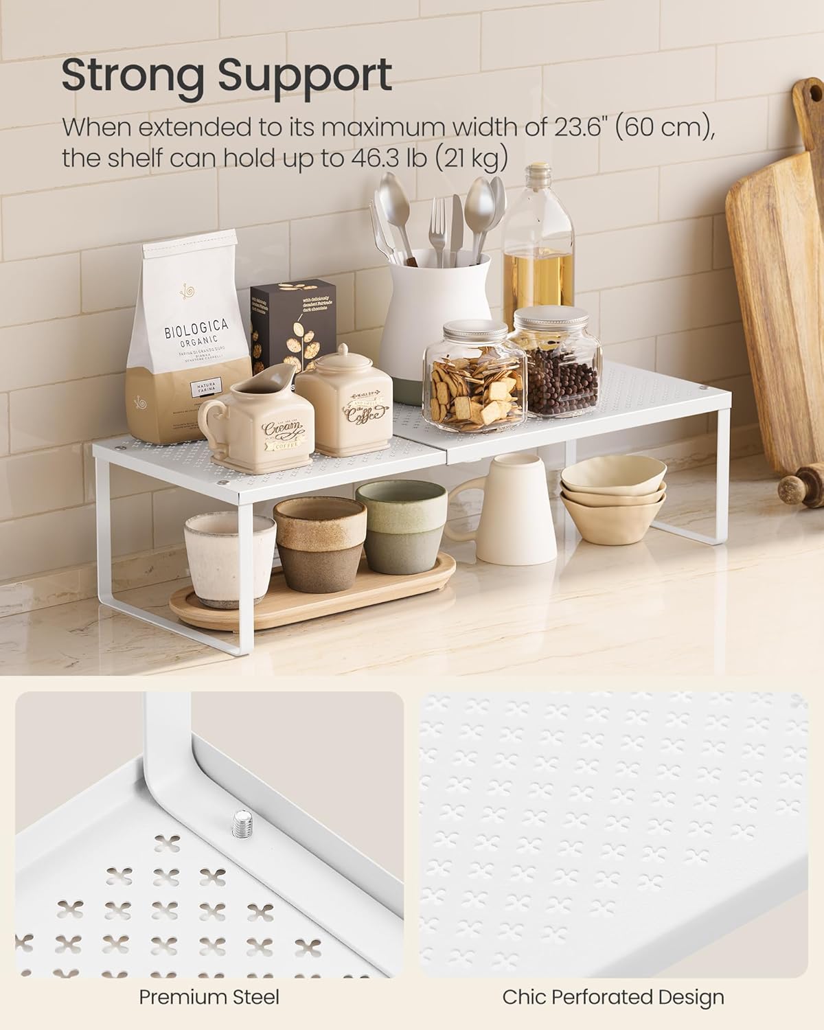 SONGMICS Spice Rack, Expandable Kitchen Countertop Shelf, Small Cupboard Organizer, Metal, Space-Saving Tabletop Shelf, Matte White UKCS007W01