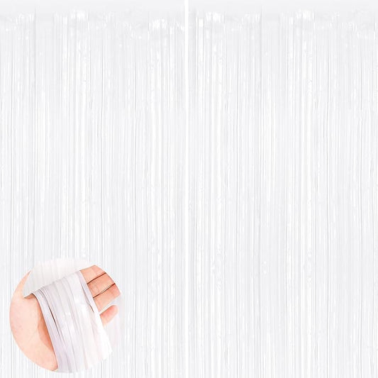 UWPVOWSR White Fringe Curtain Party Streamers 2Pack 3.3 x 8.3 Ft Foil Fringe Backdrop Curtains for Birthday Wedding Bridal Baby Shower, Holiday Tinsel Streamers White Party Decorations Door Streamers