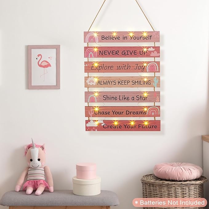 FIOBEE Girls Room Décor for Teen Girls Boys with LED Light Wall Decor for Bedroom Motivational Inspirational Wall Art Room Decoration for Kids Studyroom, 8 Kinds of Lights, Light Pink Boho