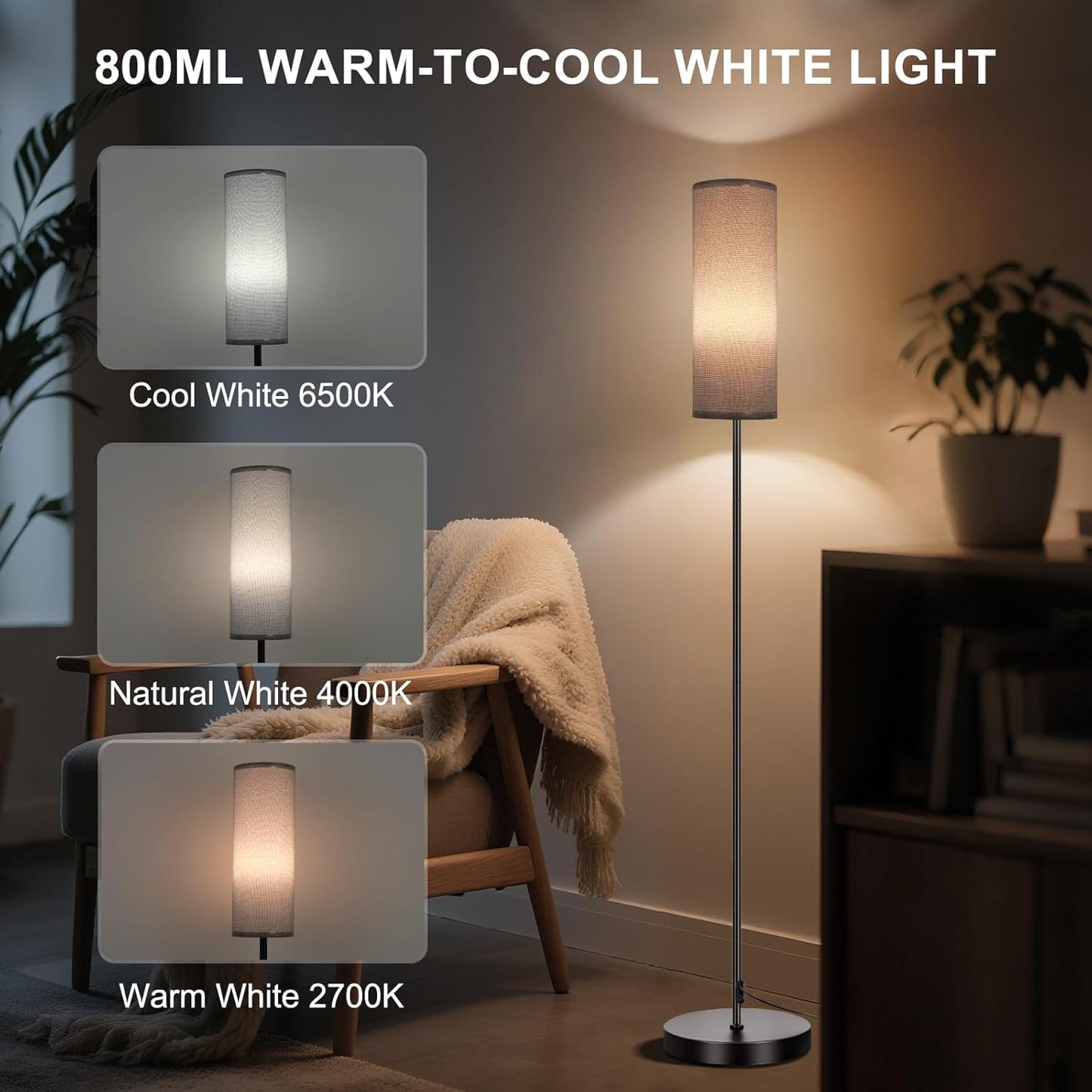 FRIDEKO HOME Gray Floor Lamps for Bedroom, Dimmable Colors Temperature & Brightness, Plug in Modern Floor Lamps for Living Room, Tall Standing Lamps for Office, Corner Lamp, 9W RGB LED Bulb