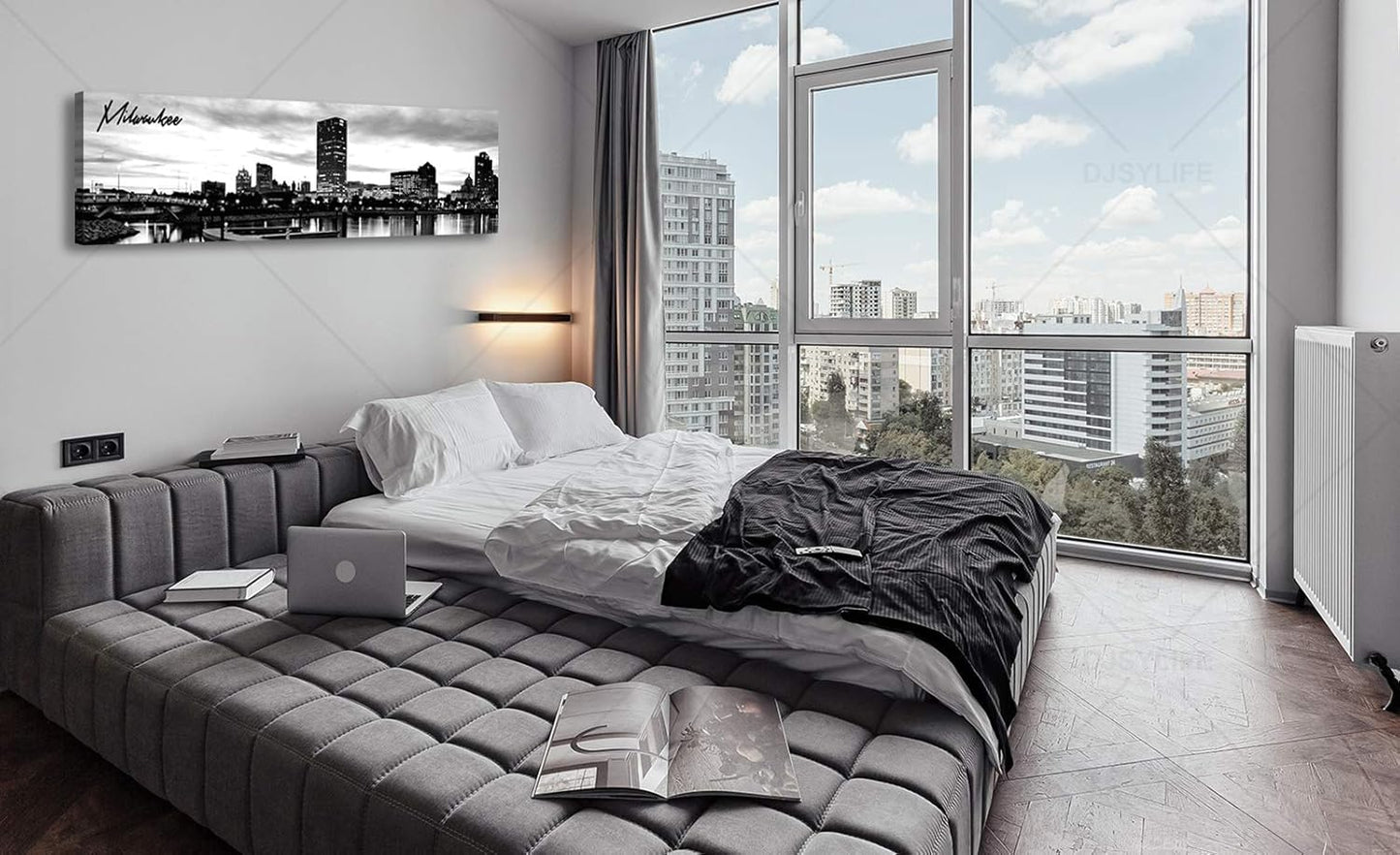 DJSYLIFE Milwaukee Skyline Wall Art Black and White Stretched Canvas Wall Art Prints for Bedroom or Office Decoration Ready to Hang 13.8" x 47.3"