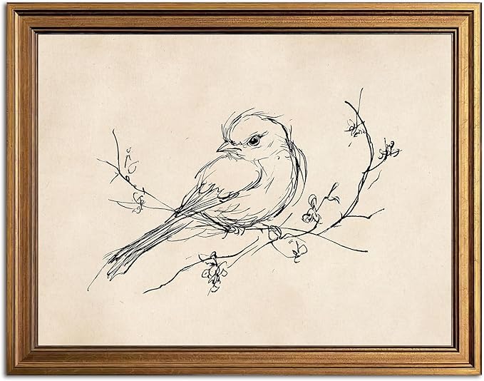 Aroutde Vintage Gold Framed Bird Printing Wall Art for Living Room, Minimalist Birds Sparrow on Branch Sketch Picture Wall Decor for Home Bedroom Apartment Decoration (16L''x12W'')