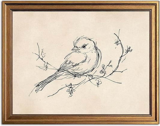 Aroutde Vintage Gold Framed Bird Printing Wall Art for Living Room, Minimalist Birds Sparrow on Branch Sketch Picture Wall Decor for Home Bedroom Apartment Decoration (16L''x12W'')