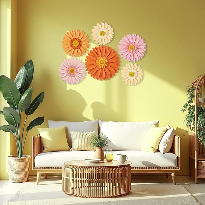 SUNBEAUTY Daisy Party Decorations, Paper Flowers, Party Decorations, Orange Yellow Flowers Wall Hanging, 1st Birthday Bridal Baby Shower Wedding Classroom Tea Party Daisy Décor 10" 8" 5" Pack of 6