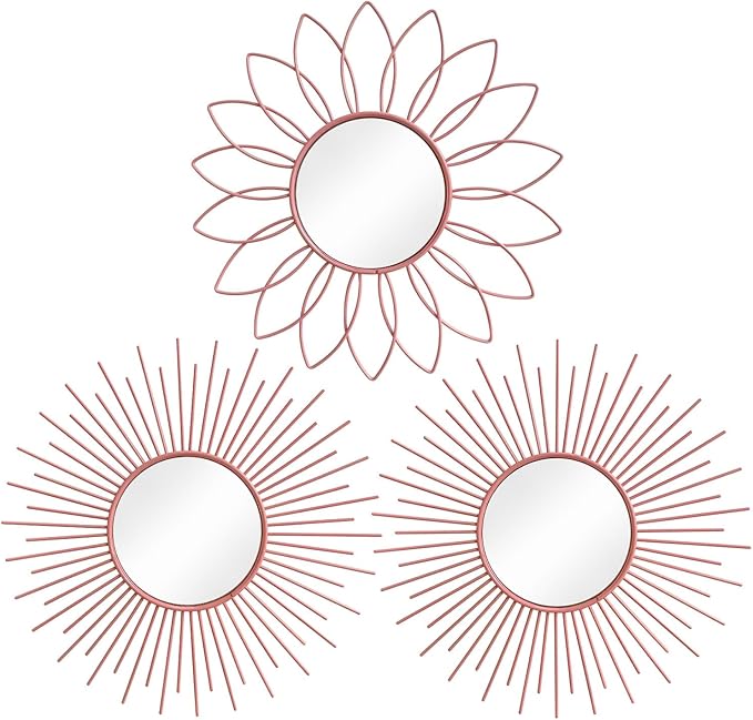 3 Pack Metal Mirrors for Wall Sunburst Wall Mirrors Home Décor Decorative Hanging Wall Art for Living Room Bedroom Entryway (Pink, Flower+Sunburst)