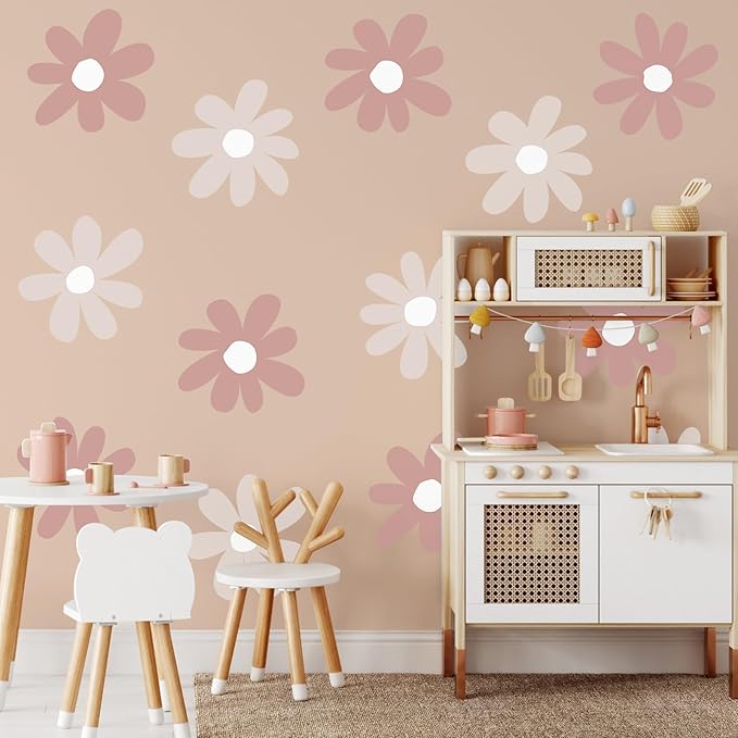 TaoBary 12 Sheet Daisy Wall Sticker Decal Removable Cute Daisy Bedroom Room Decor Flower Wall Sticker Pink White Flower Decal Wallpaper Peel and Stick for Nursery Home(Grey Color,Simple Style)
