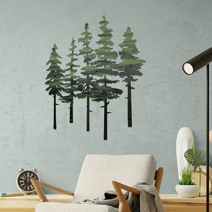 ESTART Metal Pine Tree Wall Art, Metal Tree Wall Decor, Nature Rustic Farmhouse Cabin Decor, Forest Wall Art for Home Living Room Bedroom Office Indoor and Outdoor Decoration (Green)