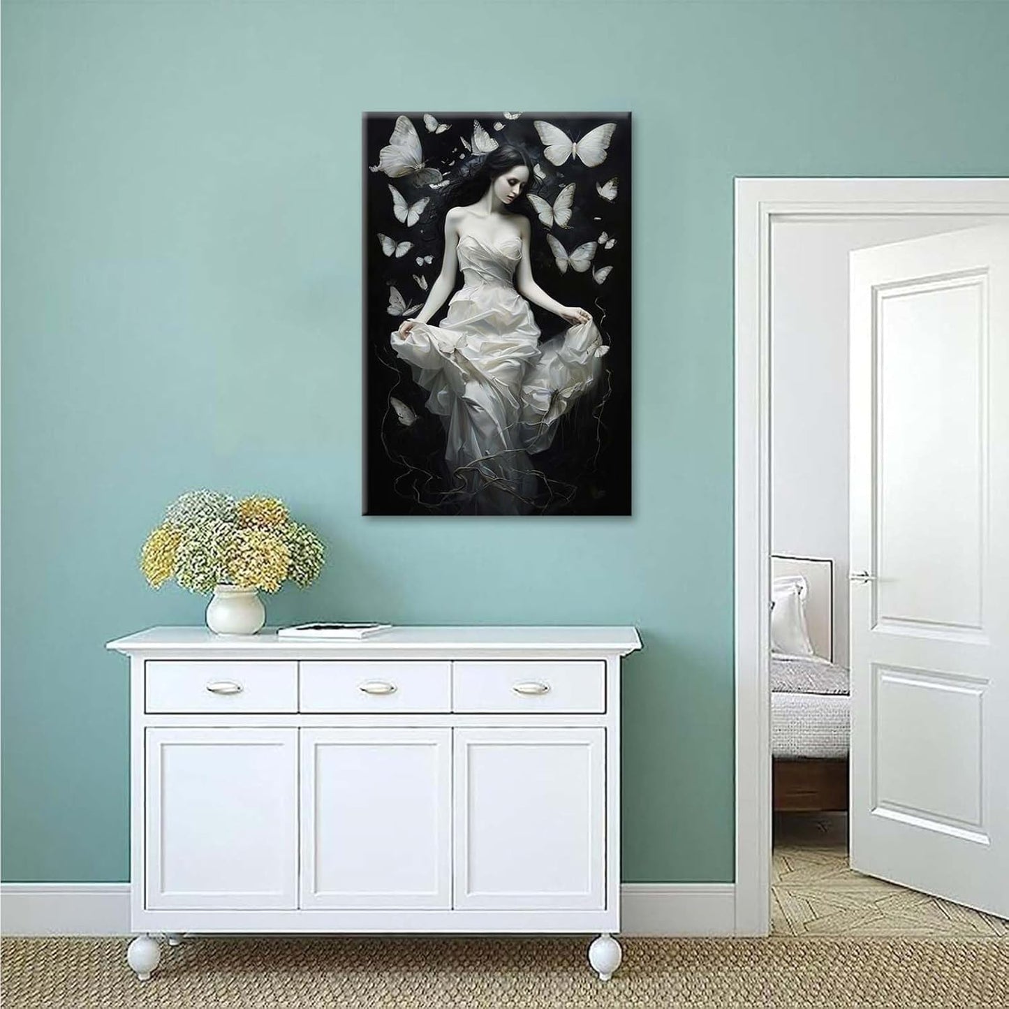 Vintage Gothic Feminine Canvas Wall Art Print Butterfly Poster Moody Preppy Wall Art Dark College Decor for Home Bedroom12x16in Wood Framed