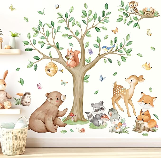 wondever Woodland Animal Tree Wall Stickers Bear Deer Fox Owl Peel and Stick Wall Art Decals for Baby Nursery Kids Bedroom Living Room