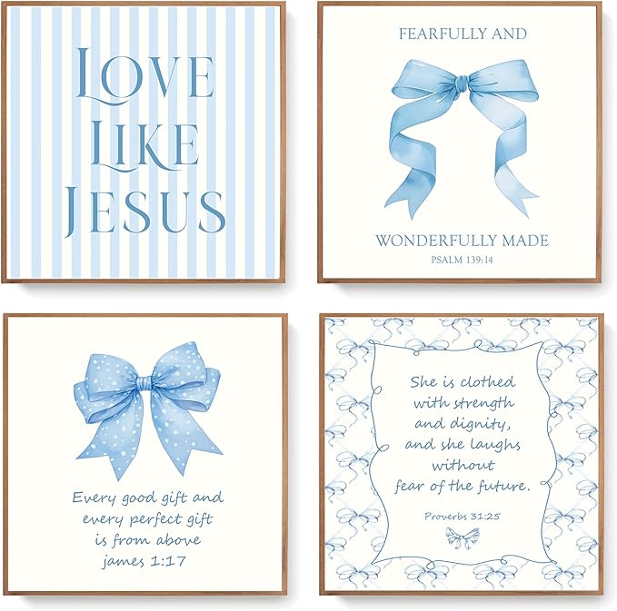 LARTSFRO Coquette Blue Bow Jesus Wall Art Decor Posters, Light Blue Bow Christian Room Bathroom Bedroom Dorm Wall Art Decor Aesthetic for College Teen Girls Gifts, Inspirational Bible Verses Bow Wall Decor, 8x8 Inch Set of 4 Bow Pictures(UNFRAMED)
