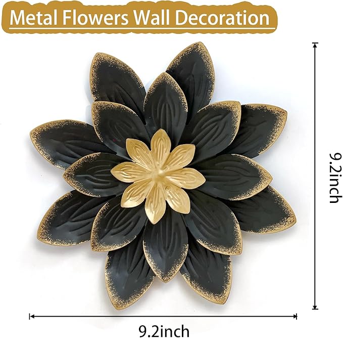 LIFFY 9.2“ Black and Gold Metal Flower Wall Art, Modern Rustic Floral Decor for Indoor Living Room Bedroom Office Outdoor Garden Patio Yard