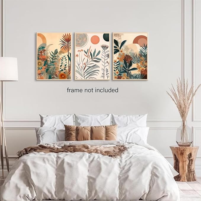 LYPHNX Boho Burnt Orange Botanical Floral Canvas Wall Art Abstract Terracotta Jungle Poster Pictures Set of 3 Flower Prints Painting Home Decor for Bathroom Bedroom Living Room 12"x16" Unframed