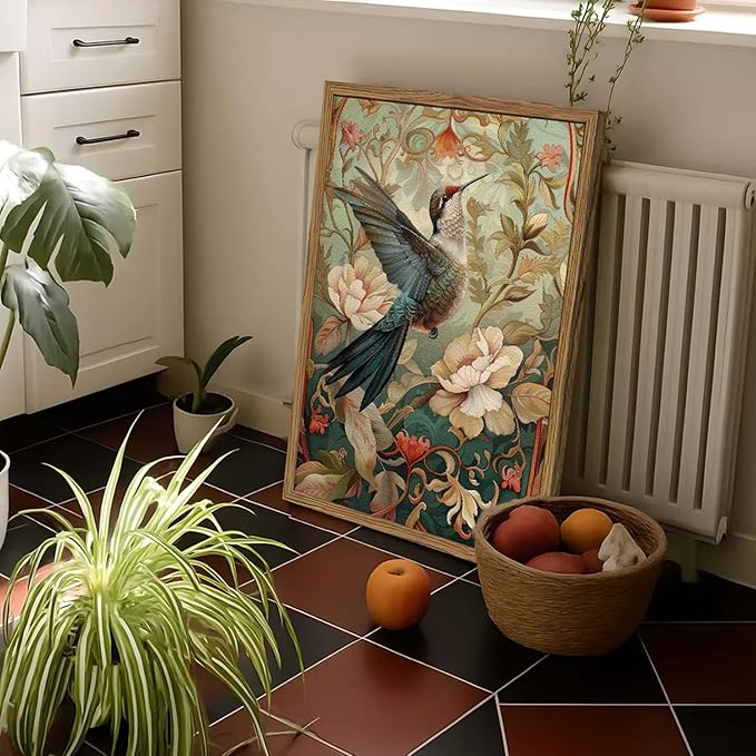Framed Vintage Hummingbird Wall Art, Floral Bird Wall Decor Paintings, 3D Sandstone Textured Nature Botanical Pictures Prints Aesthetic Home Decor for Living Room Bedroom Bathroom Office 12x16 inch