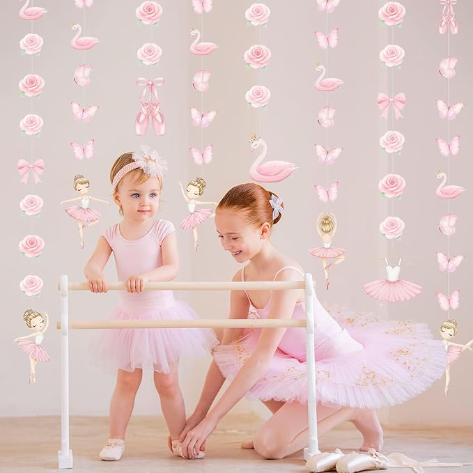 8 Pcs Ballerina Party Decorations Ballet Dancer Birthday Hanging Garlands Banner Pink Swan Rose Butterfly Paper Cutouts for Girls Wall Ceiling Decor Ballet Birthday Party Supplies