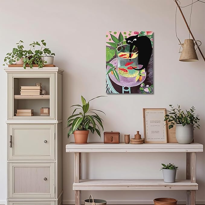 Funny Black Cat Canvas Wall Art, Abstract Kitten Catching Fish Wall Decor, Animal lovers Posters Print Painting for Room Aesthetic Living Room Bathroom Decor 12x16 in Framed
