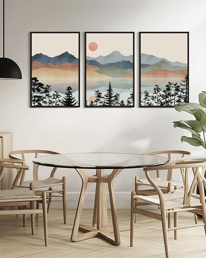 Drsoum Mountain Range Landscape Wall Art Framed Ink Wash Watercolor Nature Wall Decor Laker Sun Rises Prints Bedroom Living Room Ready to Hang 24x36in Black Framed