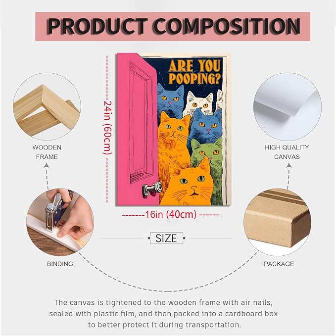 Yaneiro Funny Bathroom Cat Canvas Wall Art, Framed Cute Cat Prints Posters Wall Decor, Are You Pooping Sign Animal Pictures for Living Room Bedroom Toilet Kids Room Wall Paintings 16x24 in