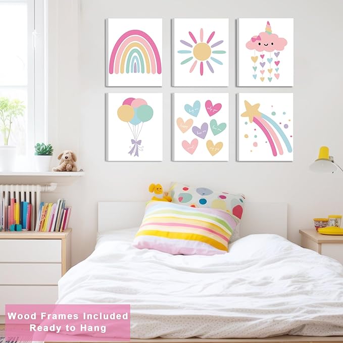 FRAMED Rainbow Wall Decor for Girls Bedroom, Canvas Rainbow Wall Art, Colorful Wall Decor Prints for Nursery Toddler Girls Room Decor (Set of 6, 8x10 Inch, Framed)