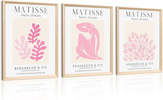 Framed Matisse Pink Canvas Wall Art,Abstract Matisse Canvas Wall Decor,16x12IN High Framed Wood Design Prints,Minimalist Wood Frame Posters for Living Room,Bedroom,Bathroom Set of 3