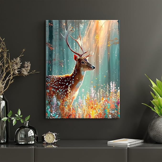 Deer Wall Art Fall Forest Pictures Wall Decor Colorful Flowers Picture Autumn Trees Landscape Canvas Prints Wildlife Animal Painting Woodland Elk Artwork for Bedroom Living Room Home Decoration 12x16"