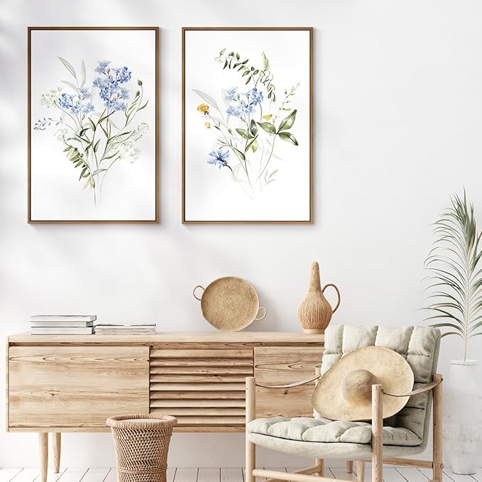 Watercolor Floral Wall Art Blue Yellow Flower Canvas Art Pints Nature Botanical Plants Painting Minimalist Wall Decor Stretched and Framed for Bedroom Bathroom Home Office Decoration - 16"x24"x2Pcs