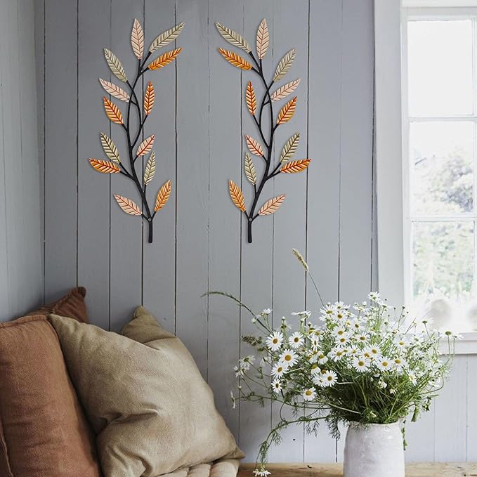 Metal Tree Leaf Wall Decor 2 PCS Rustic Vine Branch Leaf Wall Art for Living Room Bedroom Bathroom Decorations - Sunlit Wheat
