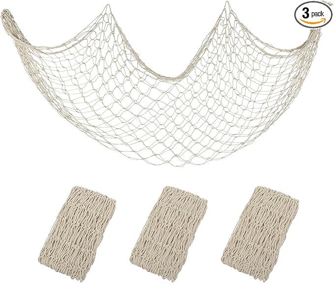 Decorative Fishing Net 3 Pack, 5x10 ft Large Beige Fish Net Decor for Wall, Photo Display, Nautical Mermaid Pirate Ocean Themed Beach Hawaii Under the Sea Party Decorations
