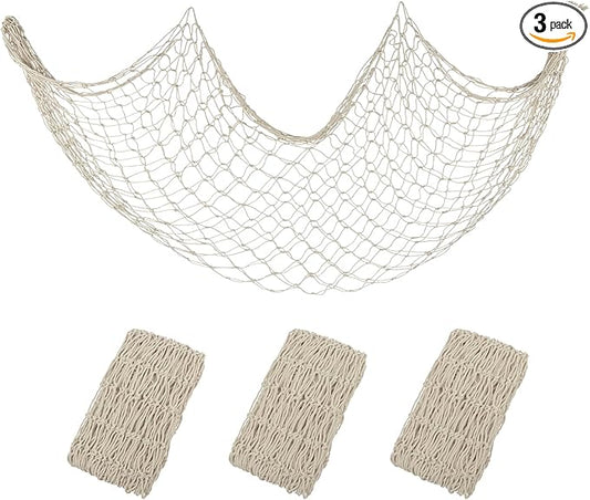 Decorative Fishing Net 3 Pack, 5x10 ft Large Beige Fish Net Decor for Wall, Photo Display, Nautical Mermaid Pirate Ocean Themed Beach Hawaii Under the Sea Party Decorations
